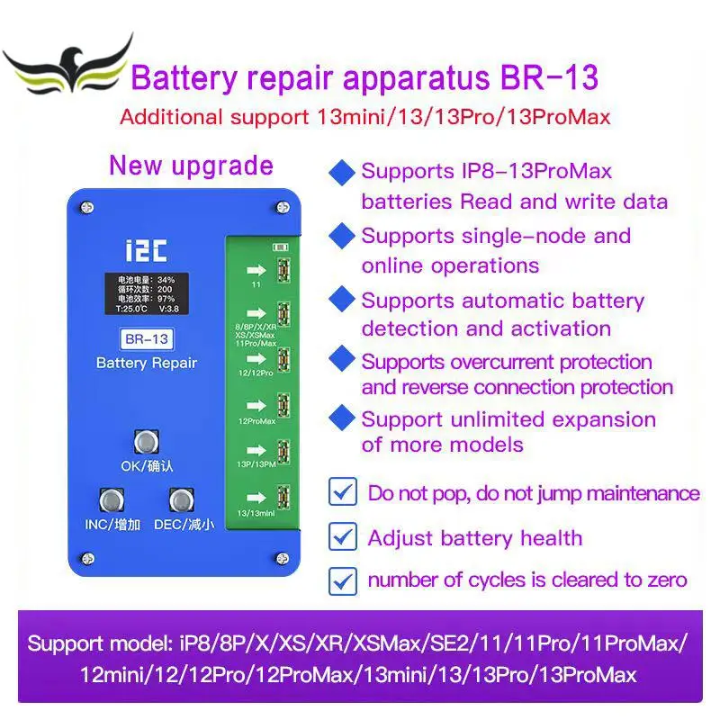 

Инструмент I2c для ремонта аккумулятора Iphone 11 12 13 Pro Max, устройство для чтения и записи данных, исправления аккумулятора, предупреждения об оши...