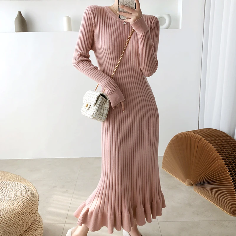 

New Lotus leaf swing knit dress women 2022 autumn and winter new fashion French core-spun yarn ribbed mid-length bottoming dress