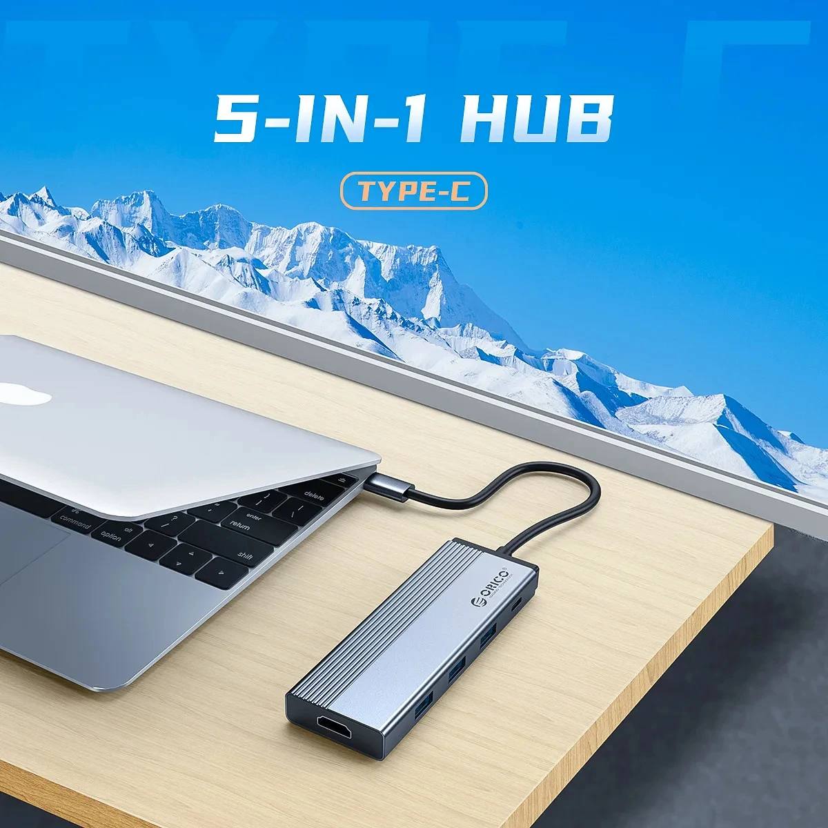 Фото Многопортовый адаптер ORICO 5 в 1 USB C Hub Type C с HDMI, RJ45 Ethernet, USB3.0, зарядной док-станцией PD 100 Вт и разветвителем для MacBook Pro и ноутбуков №4