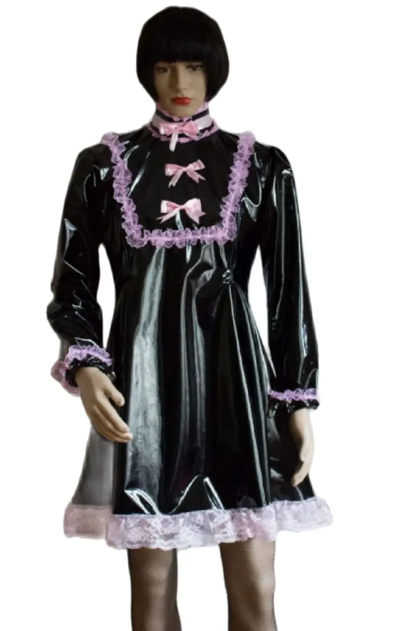 Разноцветная юбка из ПВХ средней длины с длинным рукавом кружевной воротник