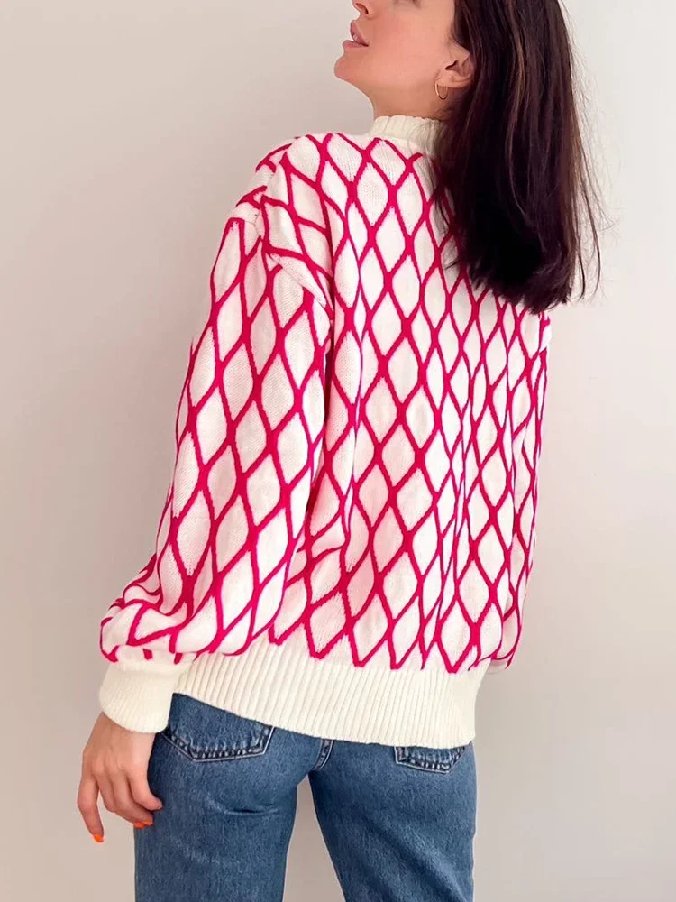 Зимний женский свитер с высоким воротником в клетку толстые теплые вязаные