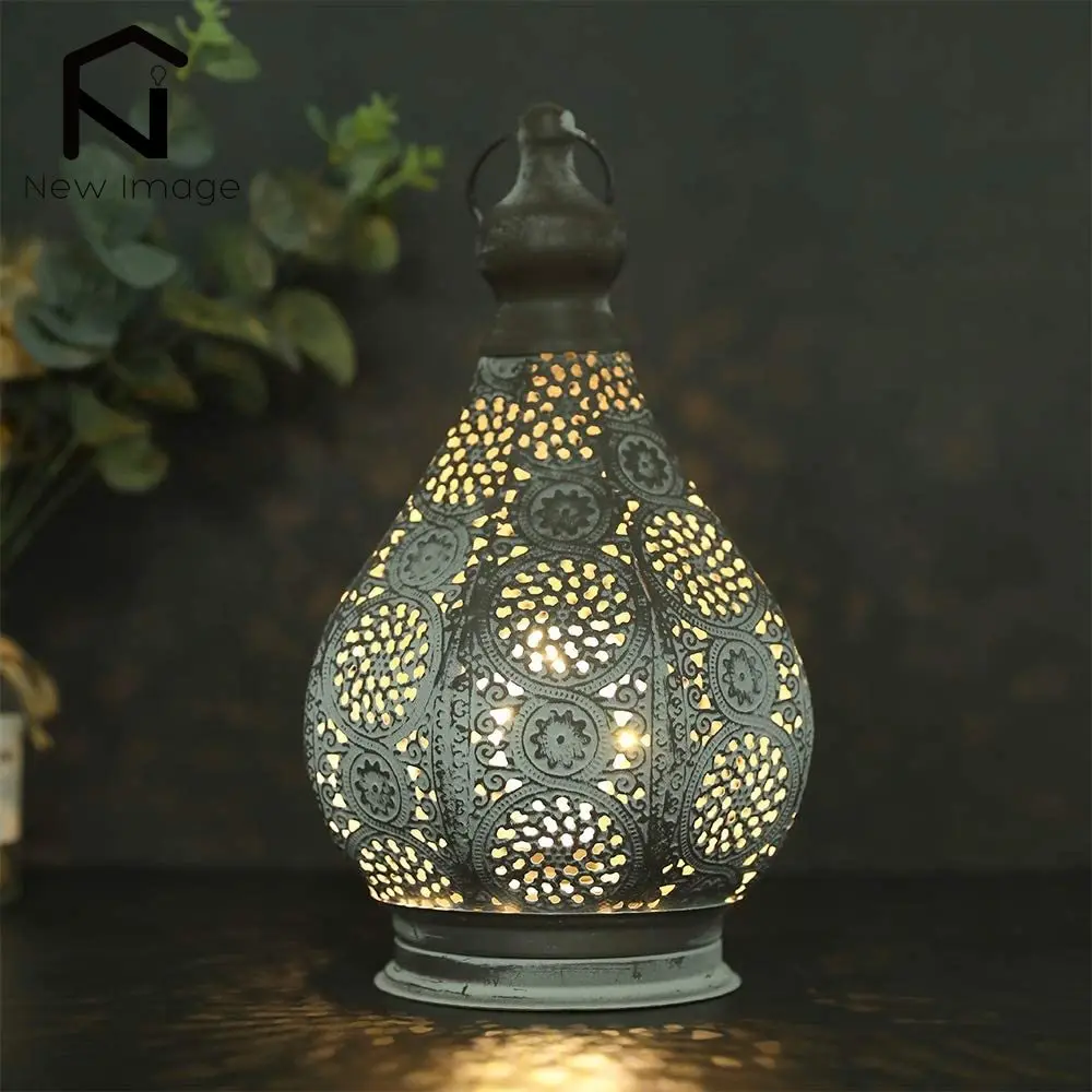 Moroccan Style Candle Holder Lantern Metal Table Wireless Battery Powered Lamp Patio Lanterns for Outdoor Garden Home Decor