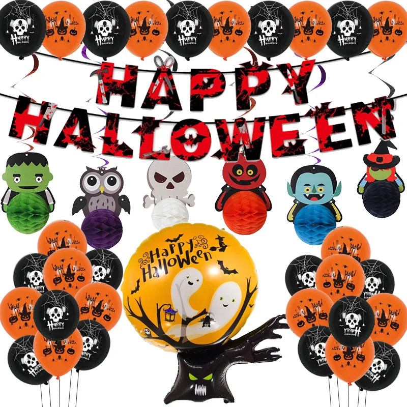 

1 Set Halloween Latex Balloon Halloween Scary Banner Paper Stereo Ghost Tree Ghost Festival Party Decorative