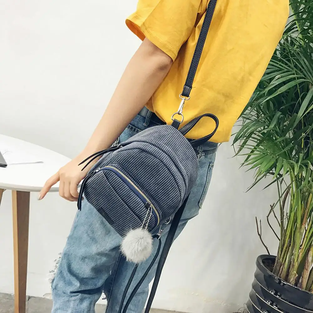 

2022 Fashion Girls Mini Backpack Women Pompom Ball Solid Color Corduroy Small Backpacks Multifunction Teenage Travel School Bag