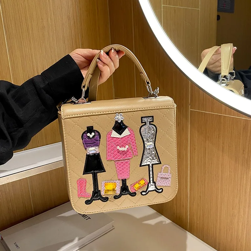 

Square Handbag and Purse Cartoon Printed Women's Bag Lingge Line Shoulder Bag Crossbody Bag Flip Satchel Leisure Bags for Women