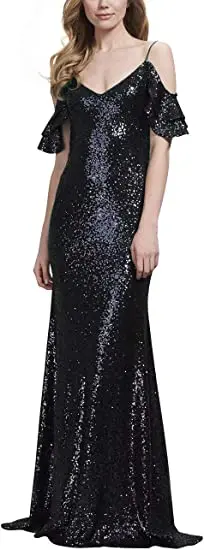 

Long Spaghetti Off Shoulder Sequin Bridesmaid Dresses for Women