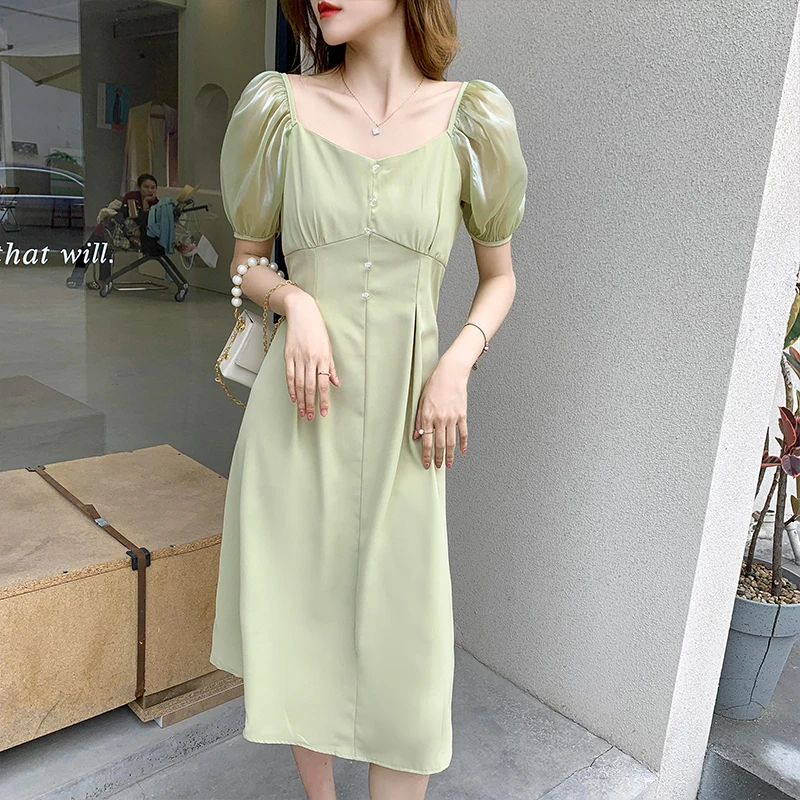 

French New Summer Puff Sleeve Midi Dress Fashion Women Sexy Backless Pearl Chain Lace Up Bowknot Slim Waist Green A Line Vestido