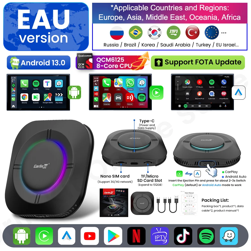 

Carlinkit S2 SM6115 Android 13 ТВ-приставка 8-ядерный Carplay Android auto Беспроводная поддержка Youtube Netfilx IPTV Spotify Wi-Fi bluetooth