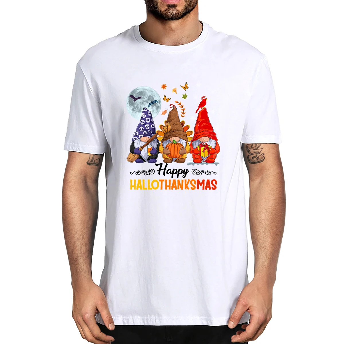 

100% Cotton Halloween Thanksgiving Christmas Happy Hallo Thanks Mas Gnomes Men's Novelty T-Shirt Women Casual Streetwear Top Tee