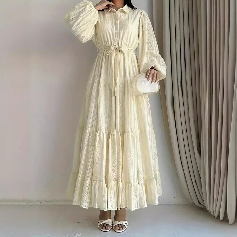 Женское повседневное платье макси с воротником лацканами и поясом новое