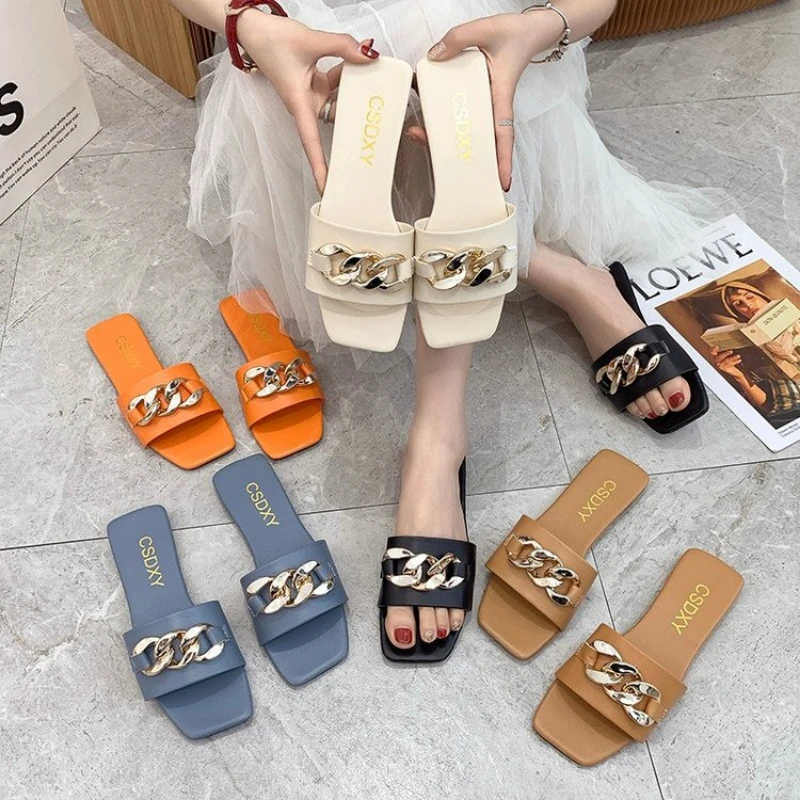 

Lisapie Women Slippers Casual Shoes Summer Square Toe Chain Slippers Slip on Flat Slide Sandals Beach Flip Flops Plus Size 42