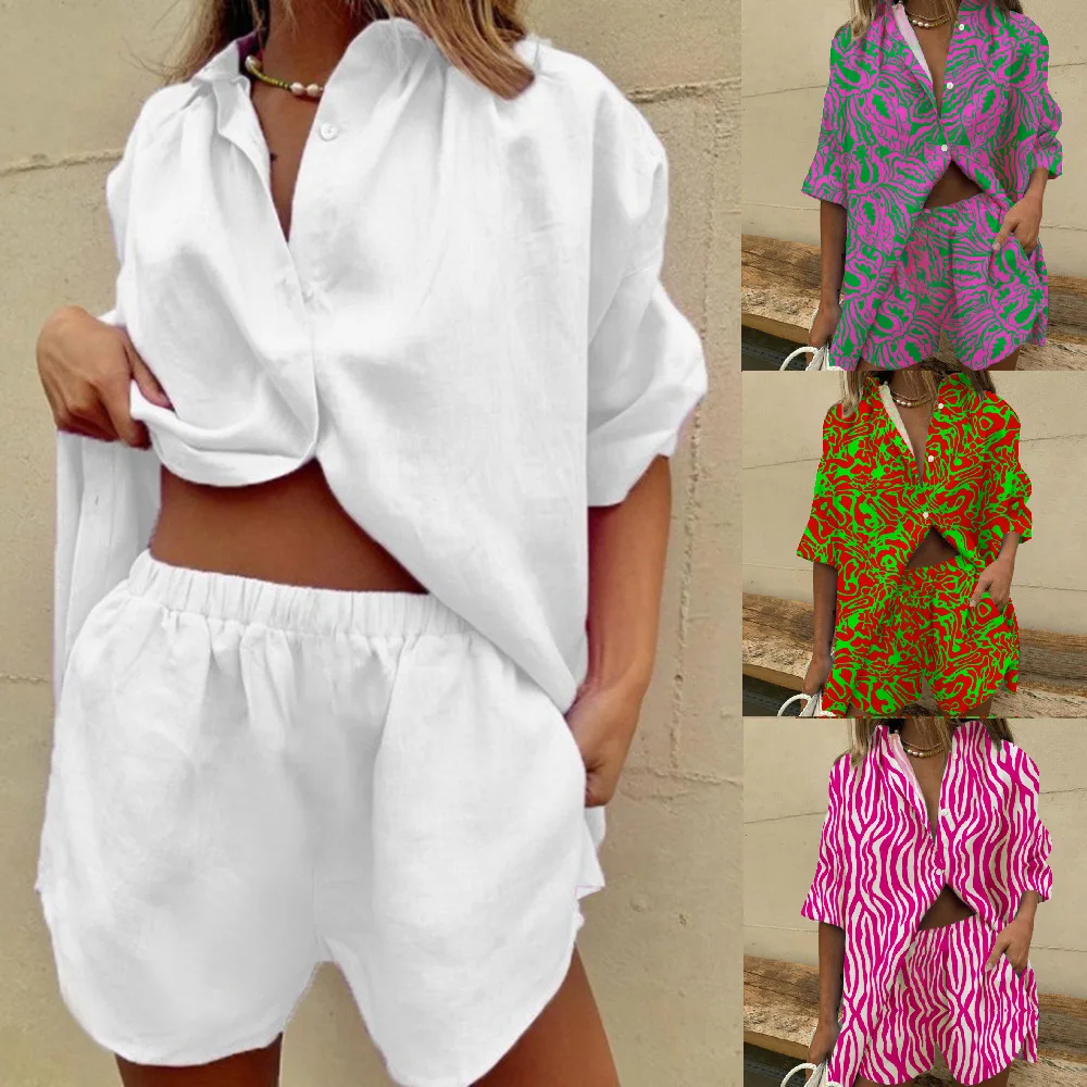 

Summer Casual Ladies 2 Piece Fashion Short Sleeve Lapel Cardigan Tops and Elastic Waist Pocket Shorts Set Solid Loose Women Suit