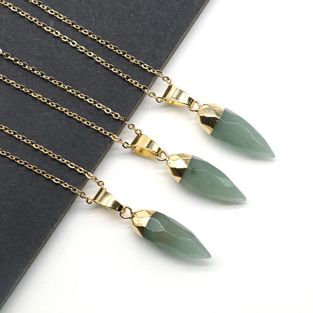 

New Bullet-Plated Gilt Stone Necklace Natural Rose Quartz Green Aventurine Damation Jasper Pendant Neck Chain For Unisex Jewelry