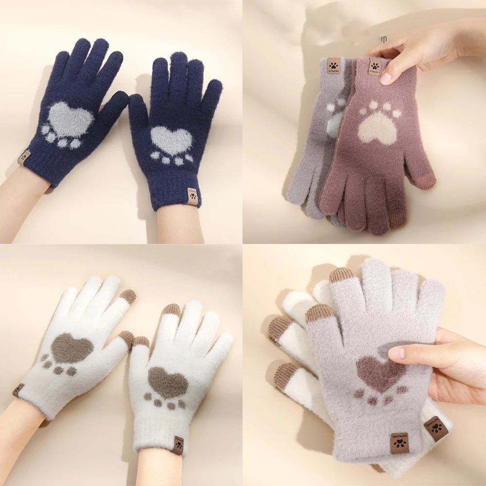 

1Pair Fashion Cat Paw Printing Gloves Mobile Phone Touchscreen Knitted Gloves Winter Thick & Warm Adult Soft Fluffy Gloves Women