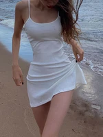 weiyao ribbed solid spaghetti strap mini dress white simple elegant summer beach vacation sundress womens korean dresses