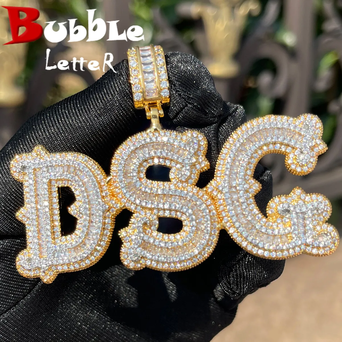  Bubble Letter Personalized Baguette Pendant Micro Paved CZ Iced Out Charms Customized Name Necklace Fashion Hip Hop Jewelry