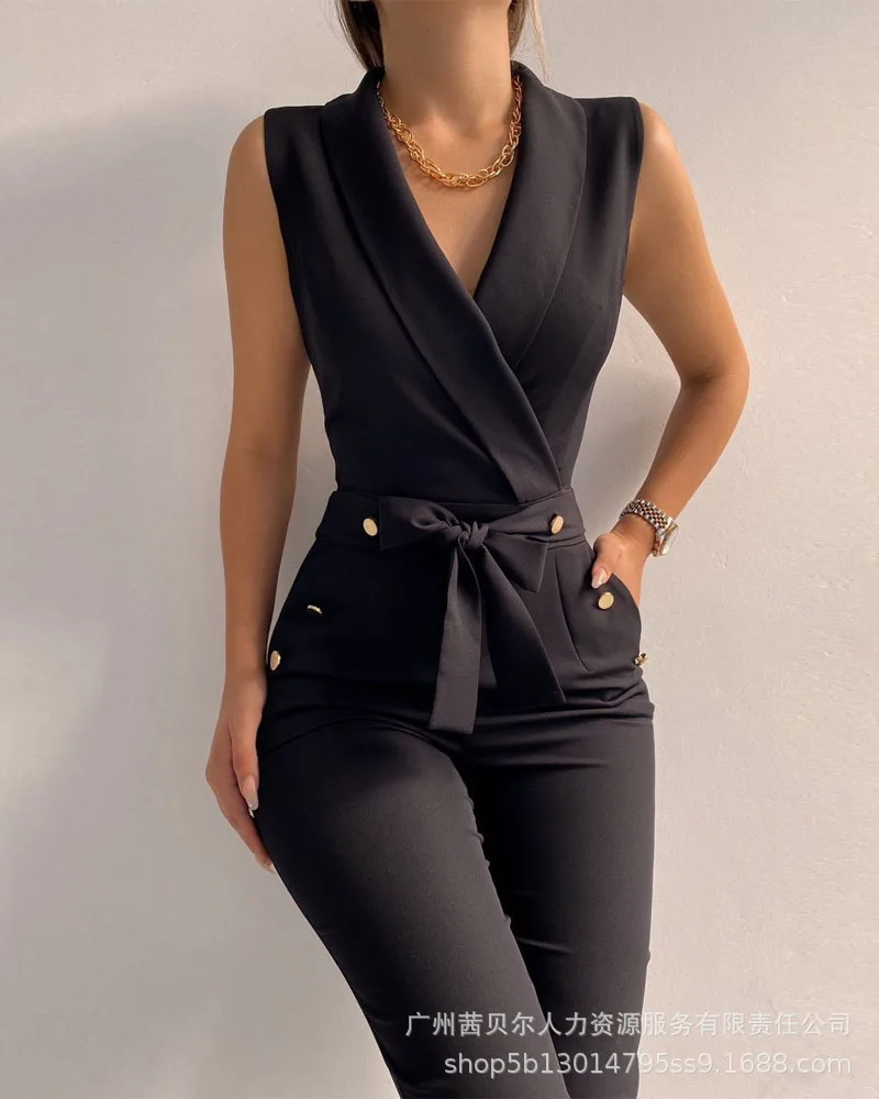 woman elegant Sleeveless Black Cross V Neck Slim Office Lady Jumpsuits 2022 Spring autumn Lace Up Romsuits Pencil Pants Sets