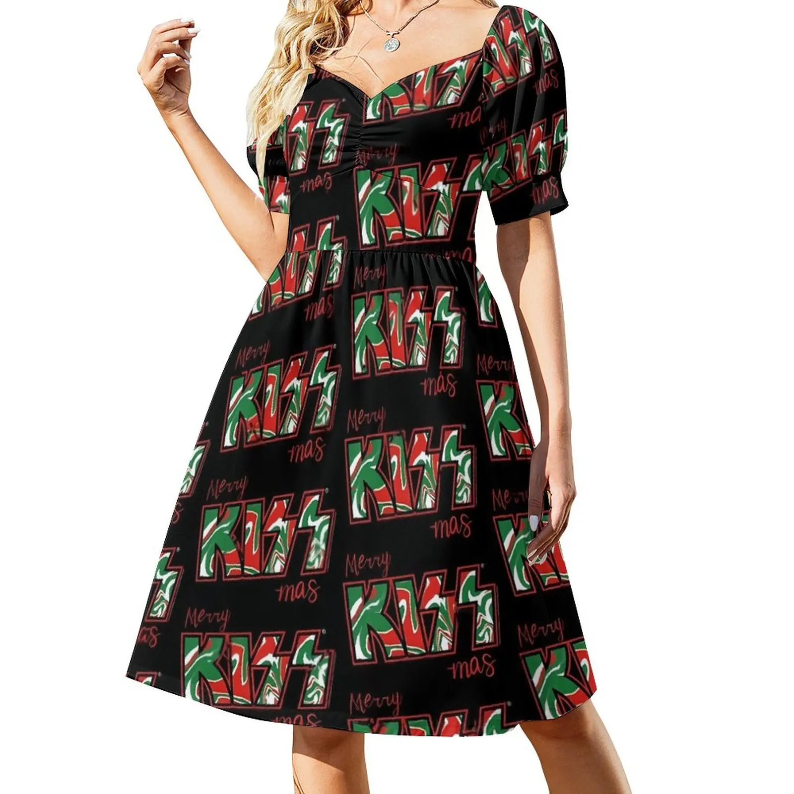 

Christmas Kiss Band Casual Dress Colorful Print Street Style Dresses Sexy V Neck Pretty Custom Dress Large Size