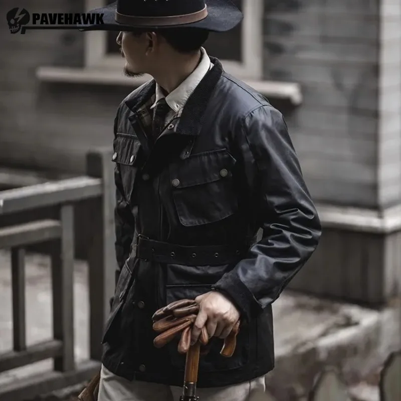 

Куртка мужская с несколькими карманами, вощеная Водонепроницаемая Повседневная ветровка в английском стиле, износостойкая черная средней длины с поясом, на осень