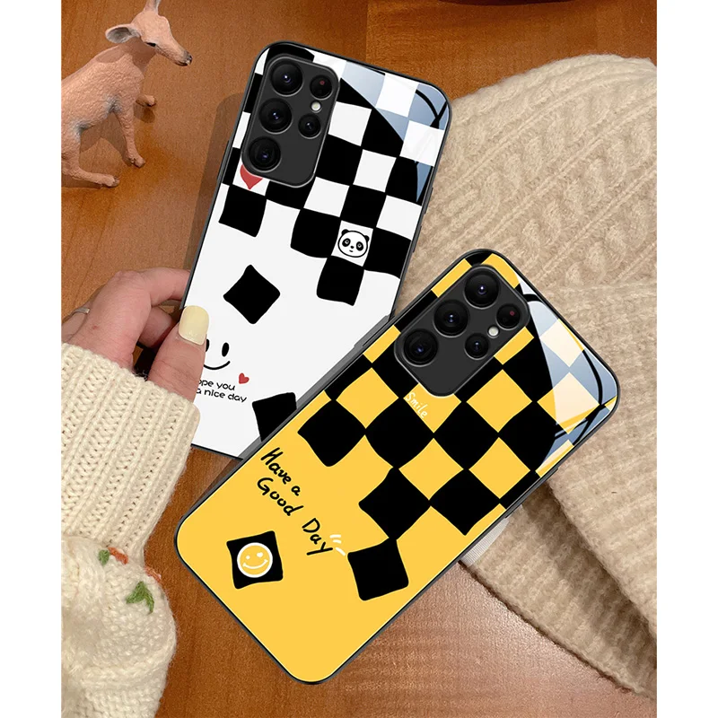 Fashion Smiley Tempered Glass Case for Samsung Galaxy S22 Ultra S21 S20 FE S10 S9 S8 Plus Note 20 10 9 8 Leopard Pattern Cover
