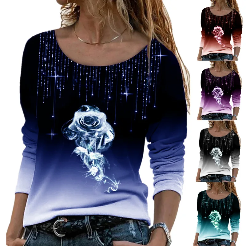 

Женский свободный пуловер с длинным рукавом, повседневный пуловер с круглым вырезом и принтом роз, зима 2022