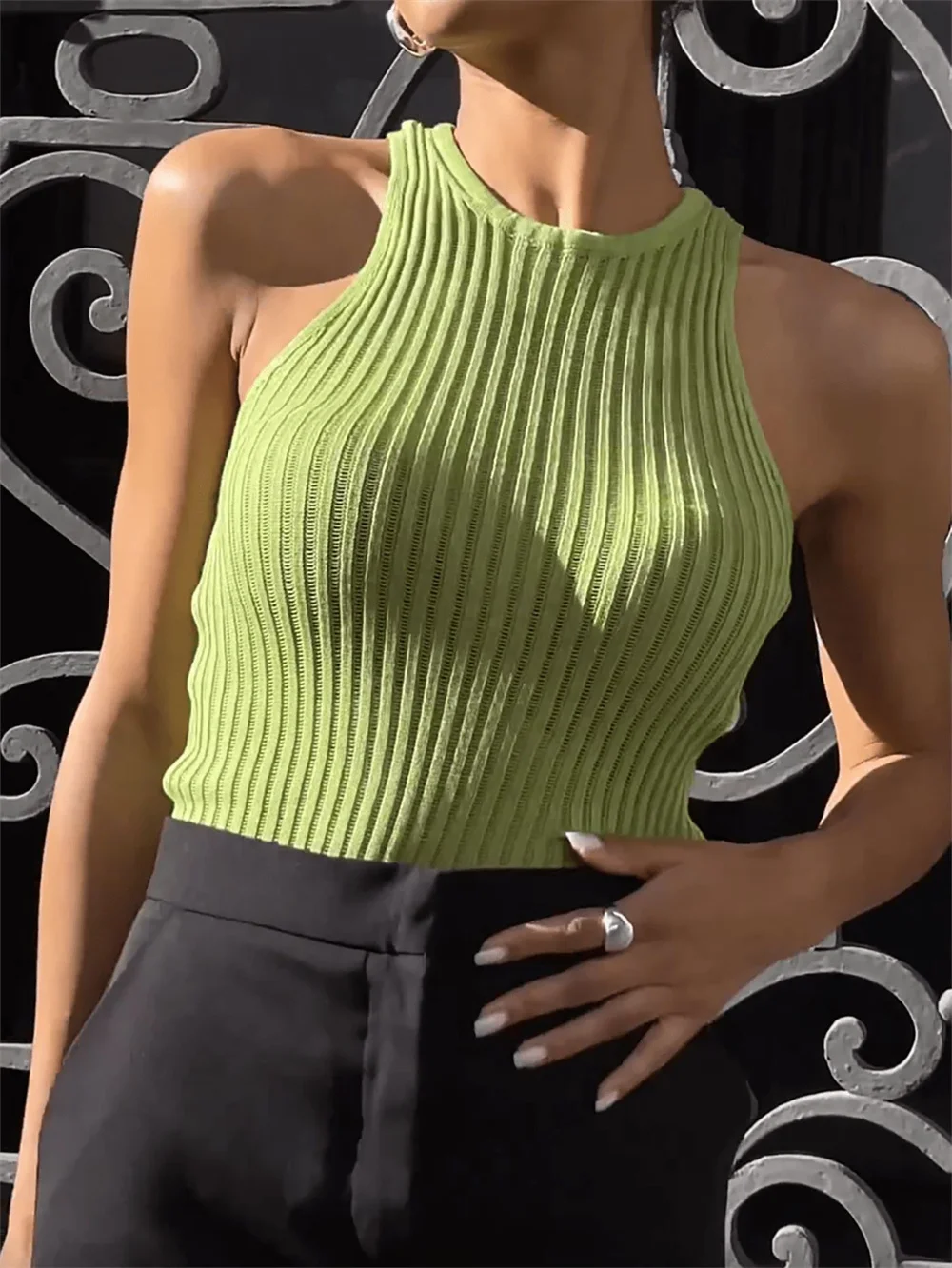 Women Wool Striped See Through Tanks Tops Summer Solid Sexy Sleeveless Elastic Camis Top Clothes New Green Tops