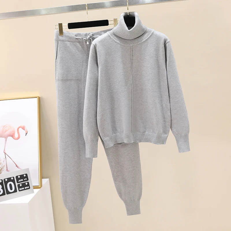 

Autumn Winter New Casual Womens Knitted Suit Solid Turtleneck Pullover Sweater Knit Pants Two-Piece Set Female Outfits 2022