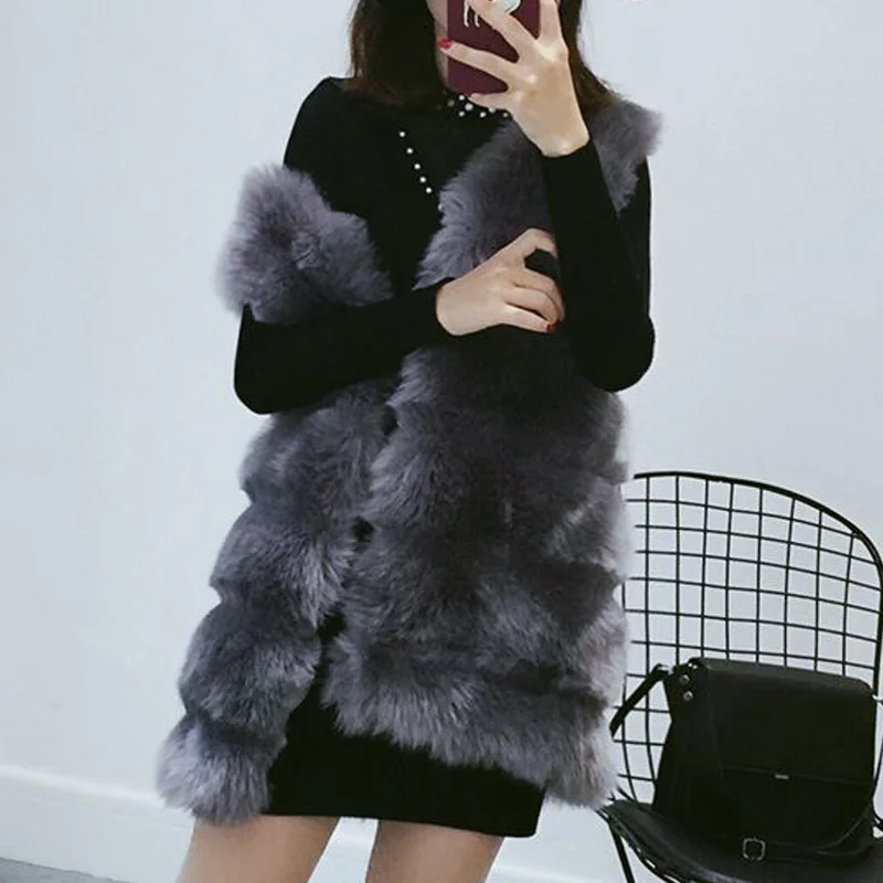 Spring Fall Winter New Fur Imitation Fox Fur Coat Women Long Fur Coat Vest Abrigo Mujer Overwear Bontjas Fourrure Open Stitch