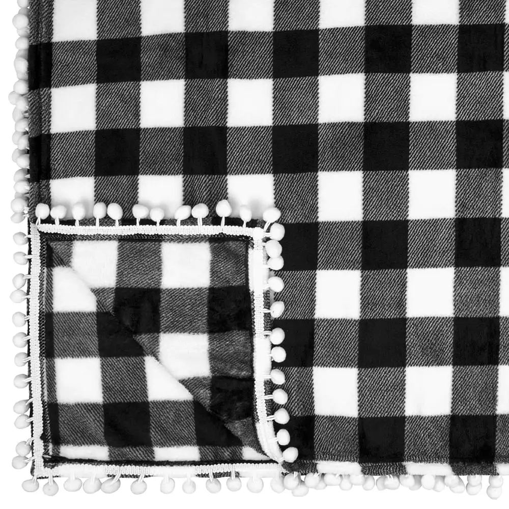 

Pom Pom Blanket Throw Twin, Buffalo Plaid White Black Check | Soft Fleece Pompom Fringe Blanket Couch Bed Sofa | Decorative Farm
