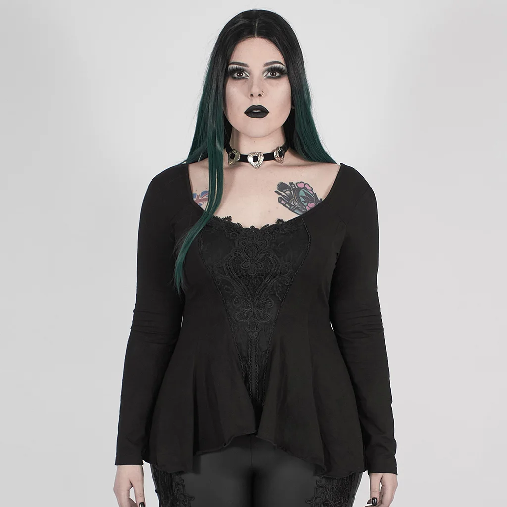 

PUNKRAVE Women's T-shirt Gothic Perspective Hollow Decal Long Sleeve Top Daily Casual Elastic Knitted Irregular Slim T-shirt