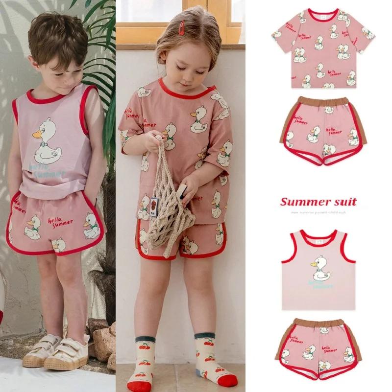 

Kids Suits 2022 Summer Clothes Cotton Pink Cartoon Girls T-Shirts Lace Shorts Suits Boys Tank Tops Shorts Sexy Kids Kids Clothes