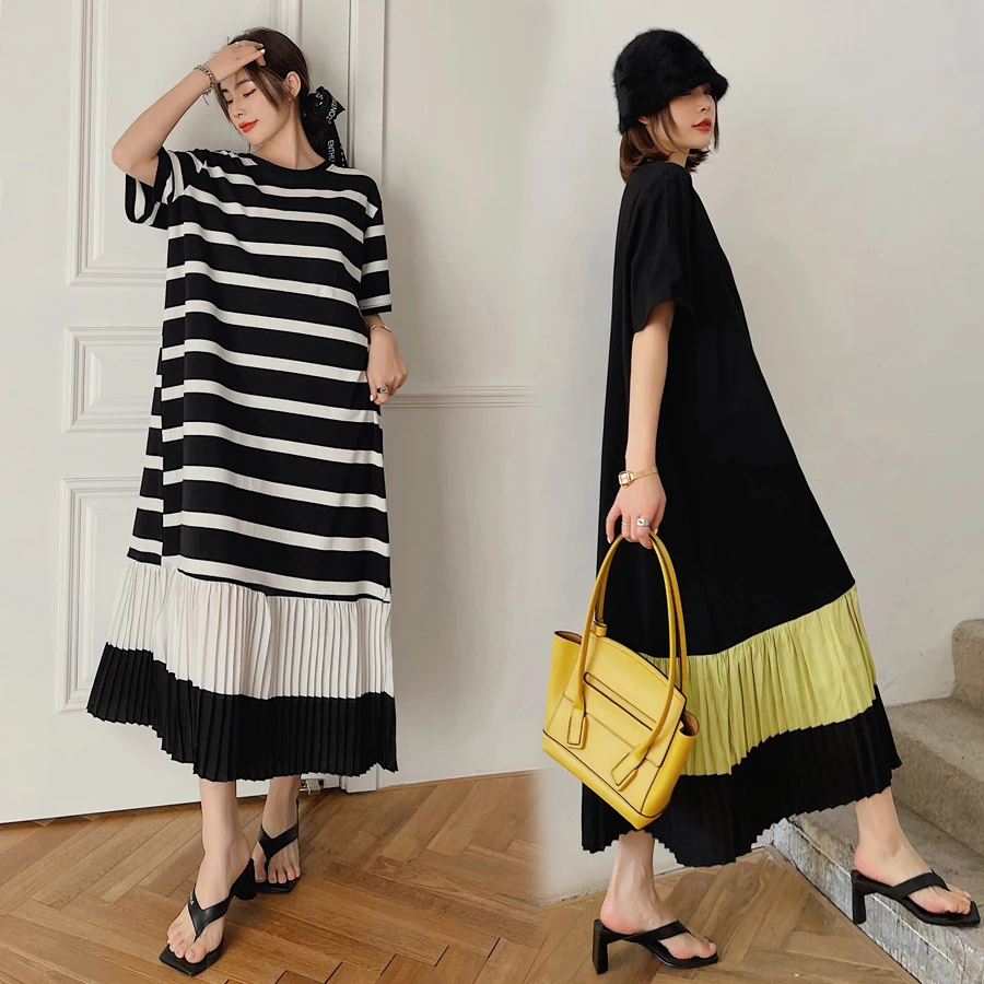 

Striped Woman Dress Korean Fashion Patchwork Plus Size Dresses Female Black Long Clothes Loose Short Sleeve Vestidos Summer 2022
