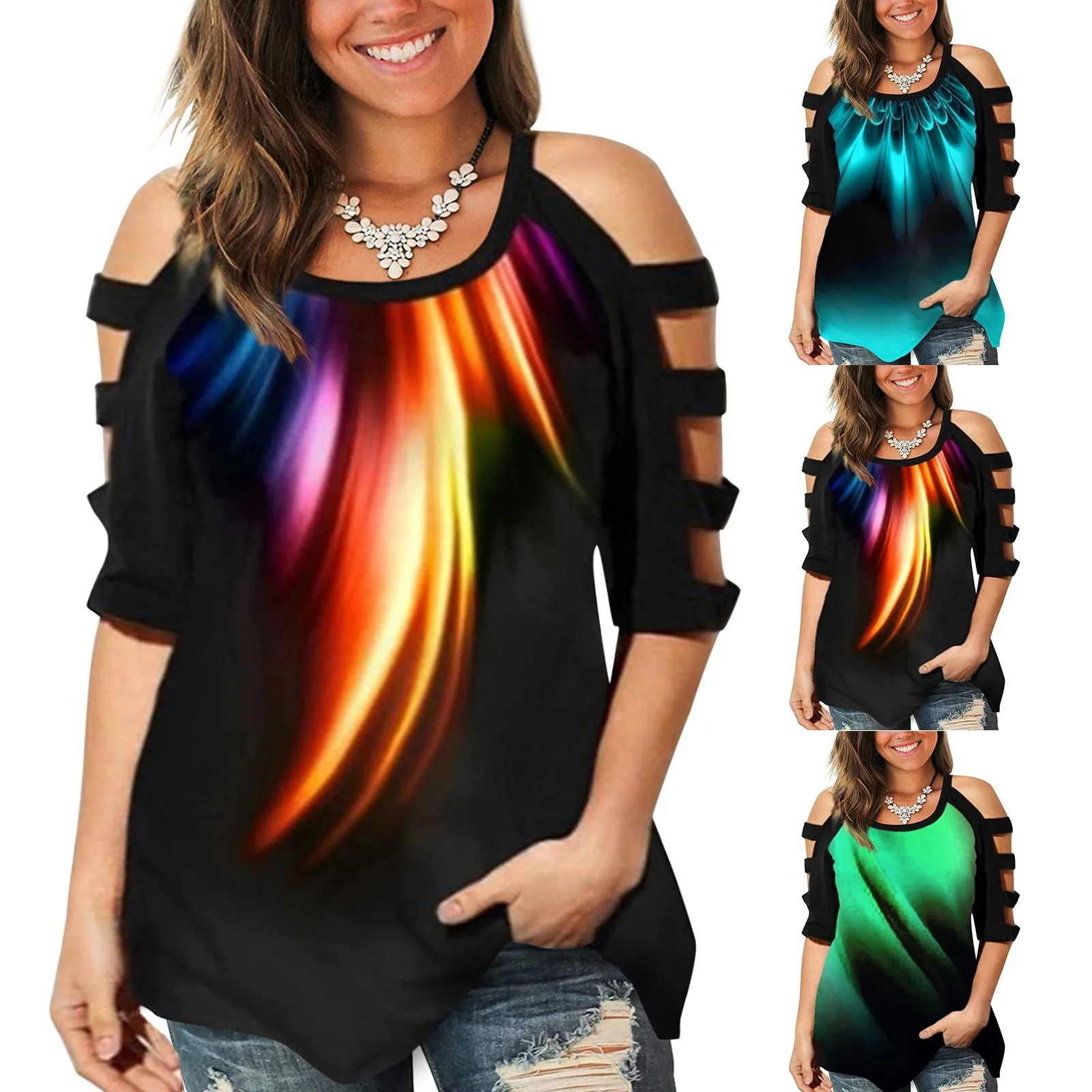 

Women's Summer Cold Shoulder Shirt Blouse Gradual Change Print Off Shoulder Short Sleeve Casual Loose Tops Shirt For Women 2022