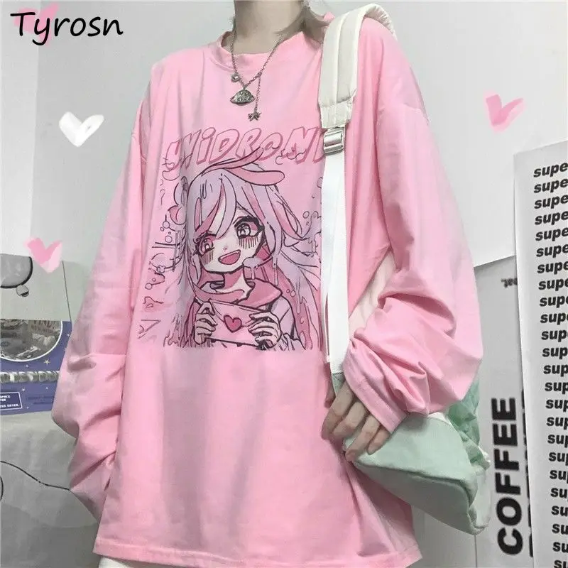 

Женские дизайнерские футболки с длинным рукавом, милые розовые футболки с круглым вырезом и мультяшным принтом в стиле Харадзюку, милые фут...