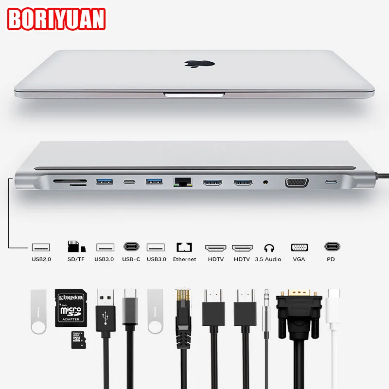 

Док-станция для ноутбука, USB Type-C адаптер, MST двойной монитор, HDMI, VGA, RJ45, SD, TF, для MacBook, Dell, XPS, Hp, Lenovo, ThinkPad