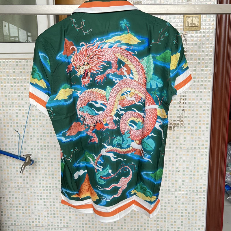 

Aircraft Island Fly Dragon Print Thin Silk Casablanca Short Shirt Men Women Best Quality Hawaiian Beach Surf Shirt Clothes Top