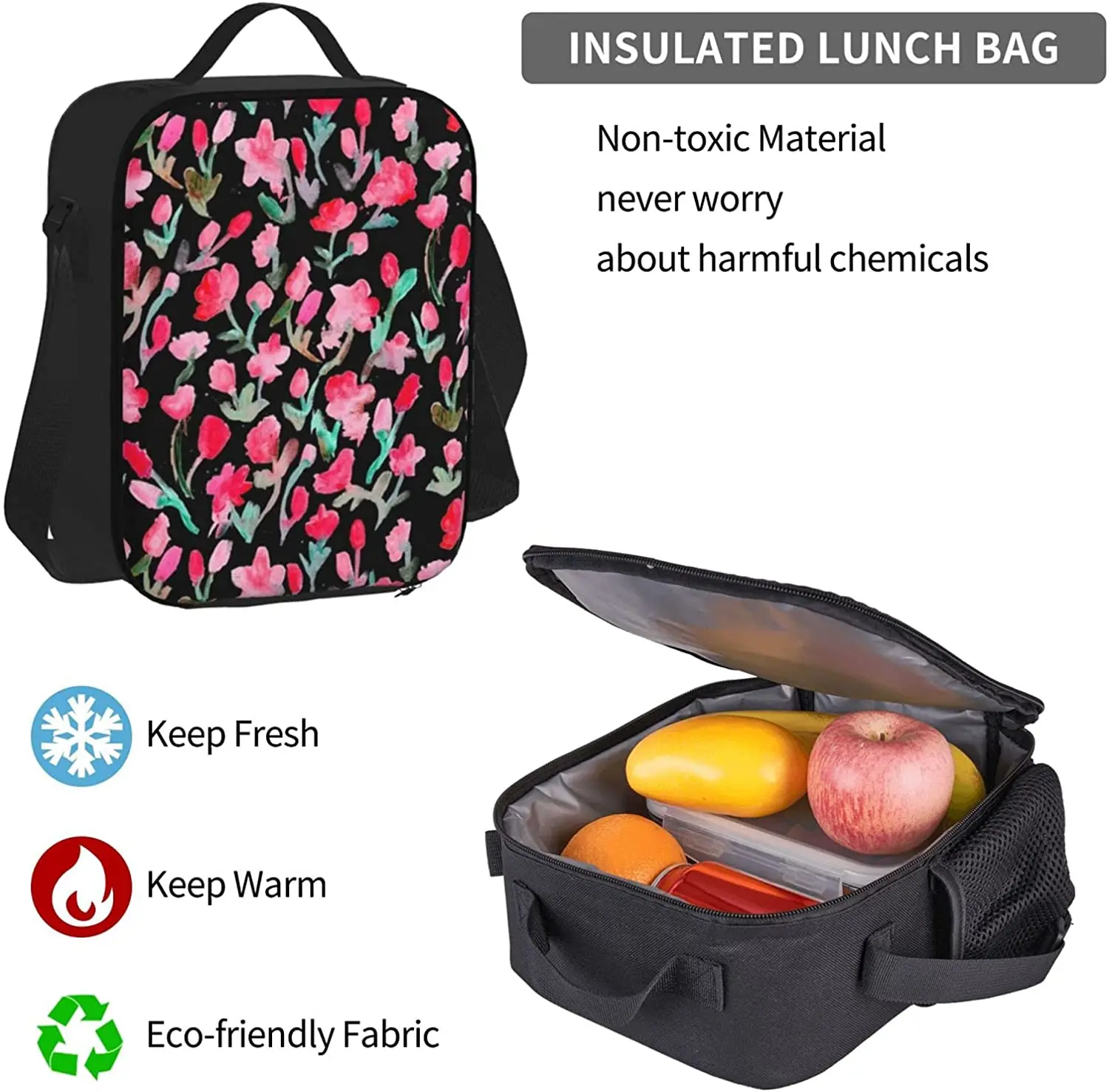 Abstract Flowers On Black Backpack Set 3-Piece Teen Boys Girls Backpack Messenger Lunch Bag Pencil Case Set