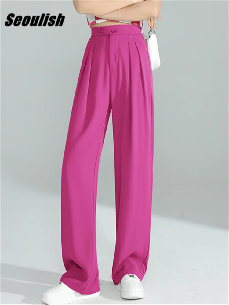 Seoulish 2022 New High Waist Wide Leg Women's Pants Spring Summer Buttons Female Elegant Minimalism Straight Loose Trousers
