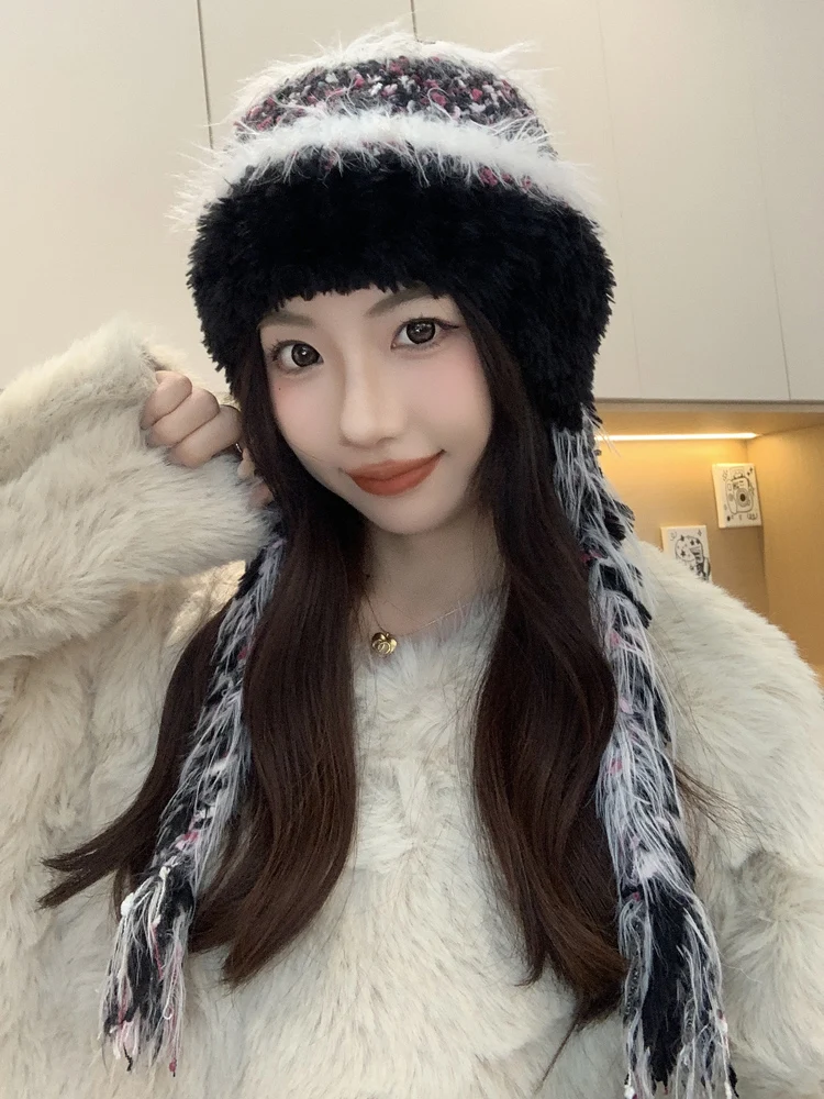 Осенне-зимняя полосатая лоскутная вязаная шерстяная шапка женская толстая