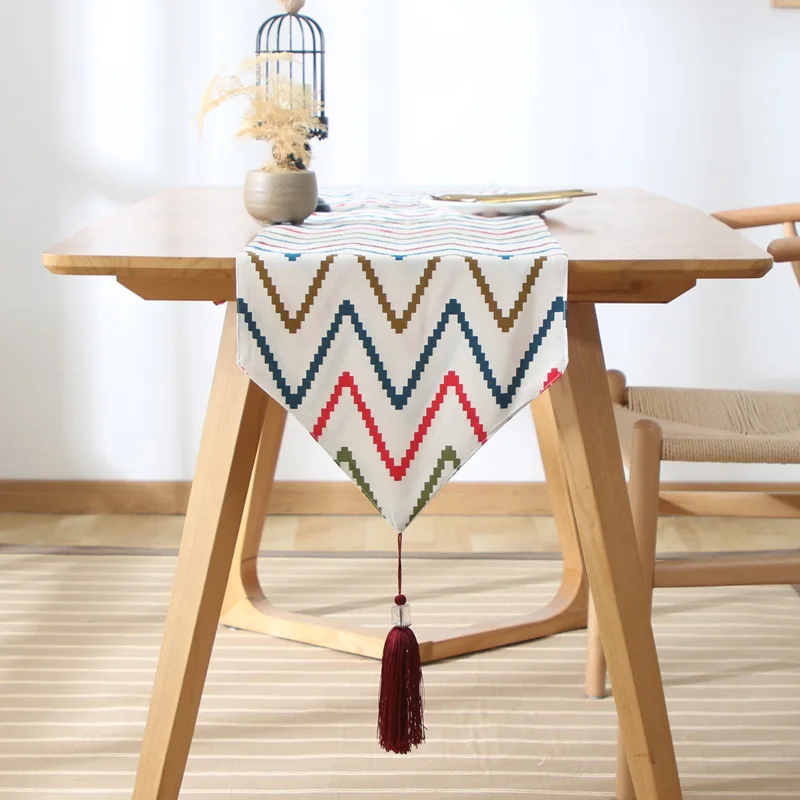 

Table Runner Luxury Pop Color Striped Pendant Tassel Dustproof Tablecloth Cover Cloth Home Wedding Decoration