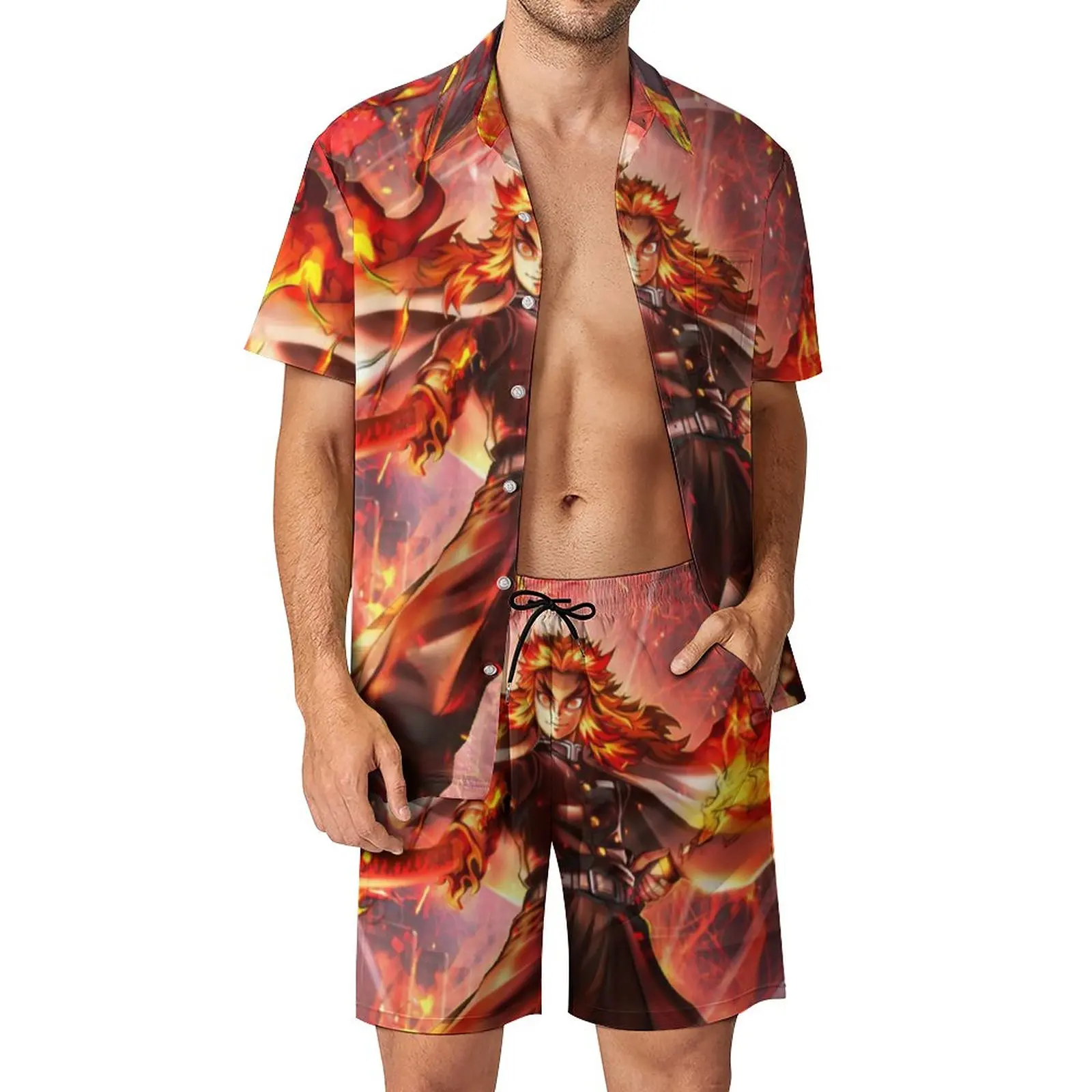 

Demon Slayer Men Sets Rengoku Kyojuro Anime Casual Shorts Beach Shirt Set Hawaii Design Suit Short Sleeve Oversized Clothing