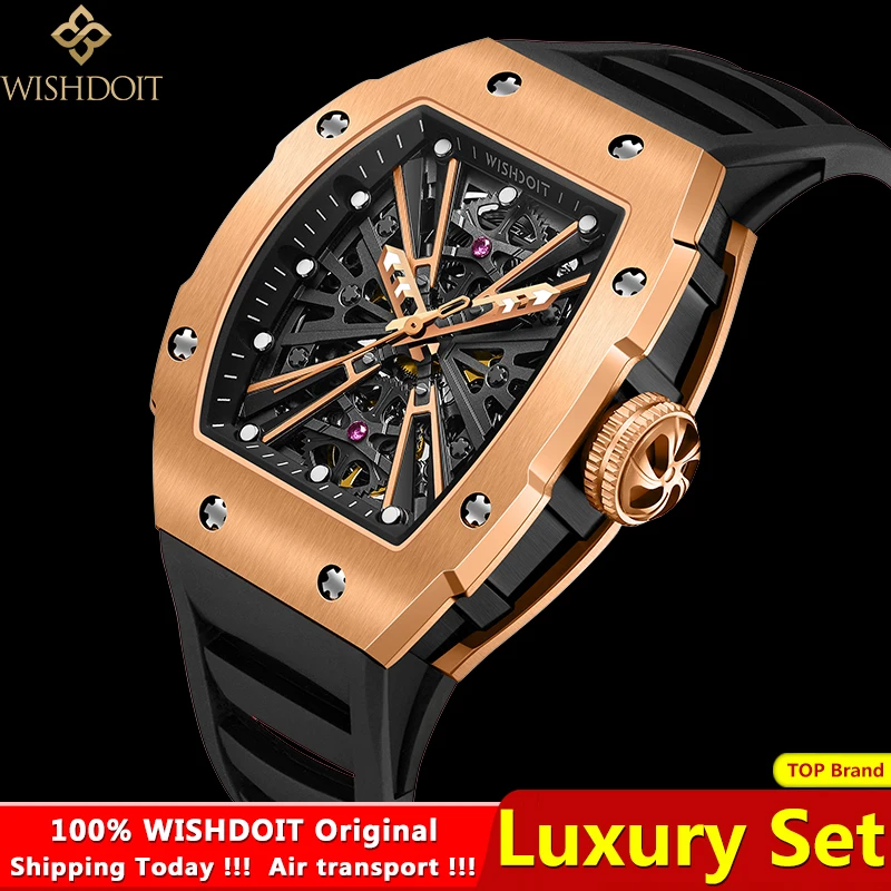 

100%Original WISHDOIT Men Automatic Mechanical Watch Rubber Tape Waterproof Watches 2023New Fashion Business Tonneau Clock