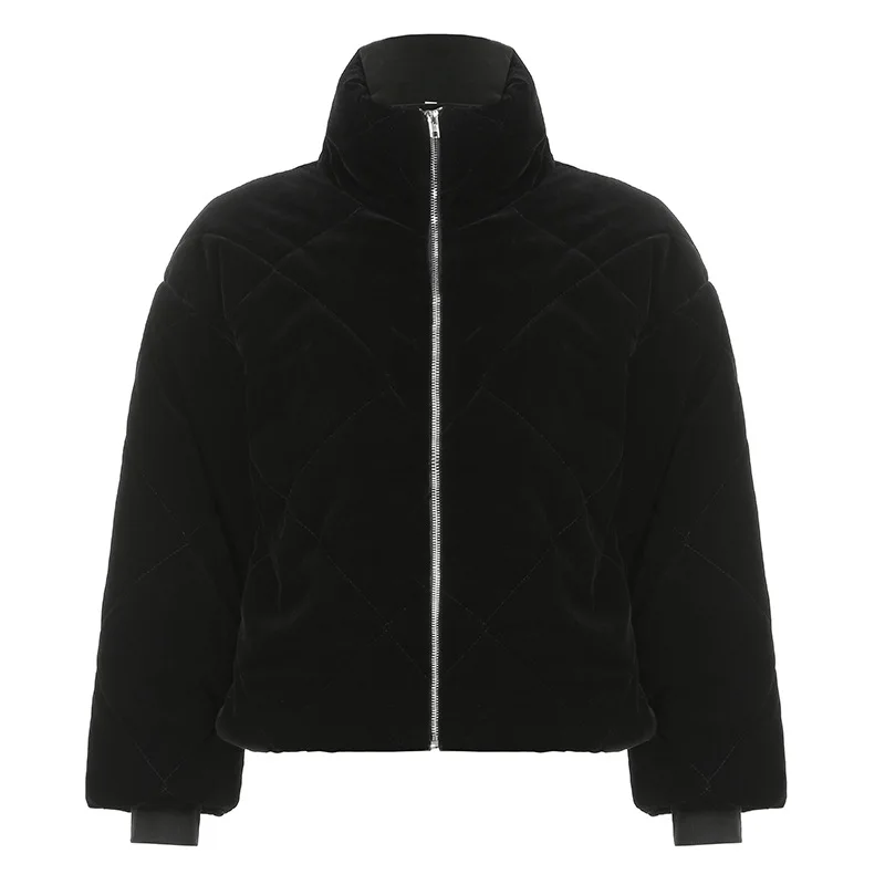 Velvet Zip Up Women Winter Down Jacket Solid Casual Turn-down Collar Quilted Coat Vintage Warm Parkas Black Overcoat Snow Coats