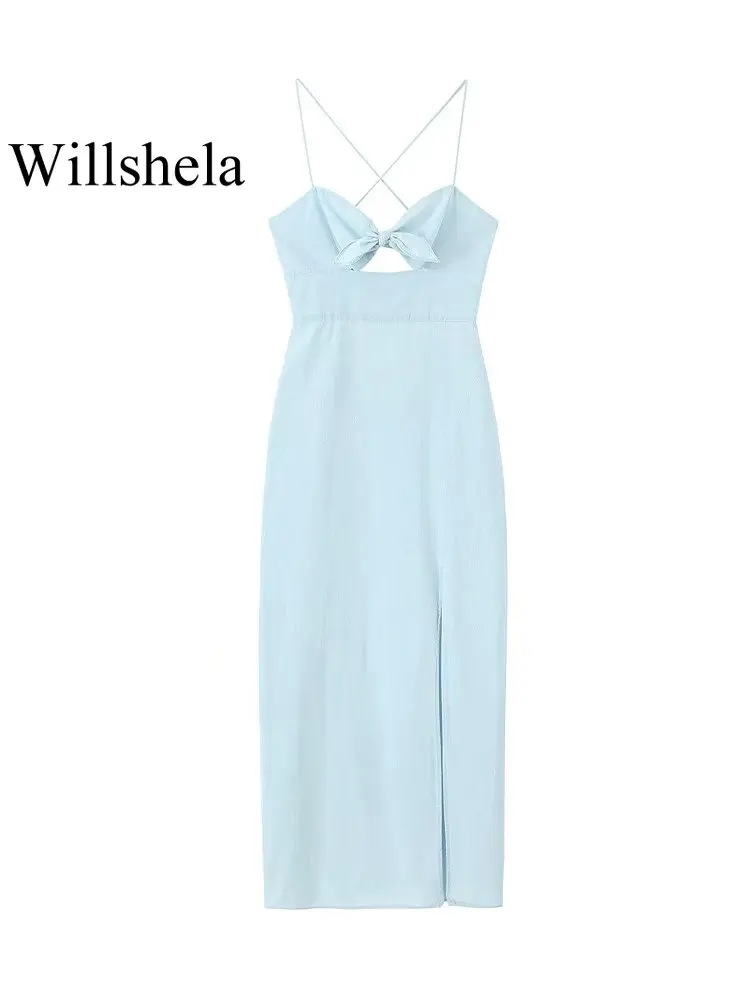 

Willshela женское модное синее платье миди с бантом, разрезом и боковой молнией, винтажное платье на тонких бретелях с открытой спиной, шикарные женские платья