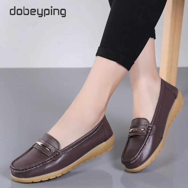 New Genuine Leather Casual Shoes Woman Slip On Women's Flats Moccasins Ladies Loafers Spring Autumn Mother Shoe Big Size 35-44