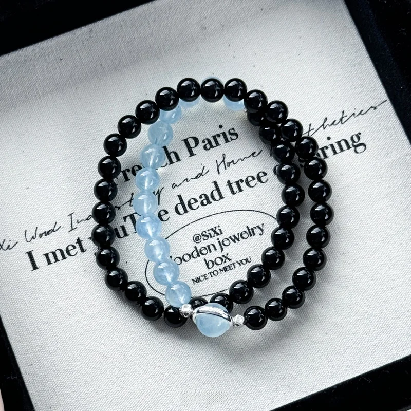 Obsidian Double Ring Bracelet Natural Aquamarine S925 Sterling Silver High-Grade Girlfriends Gift Original Design