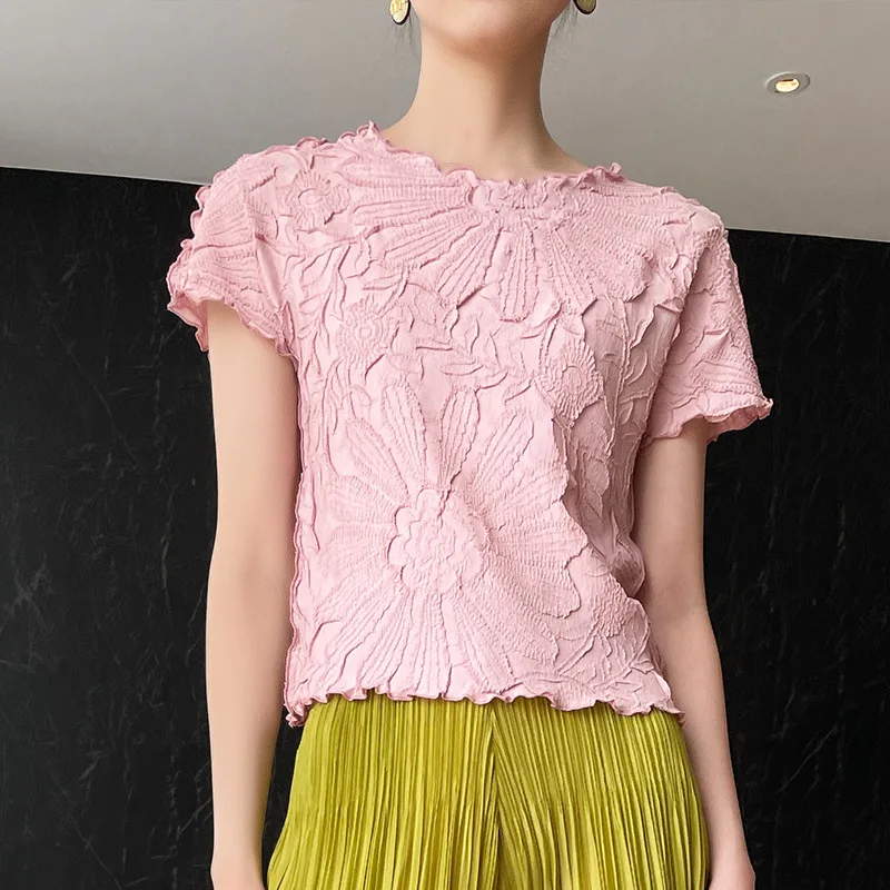 

Embroidered Miyake pleated round neck short-sleeved all-match t-shirt solid color low-neck loose top pink pleated embroidery
