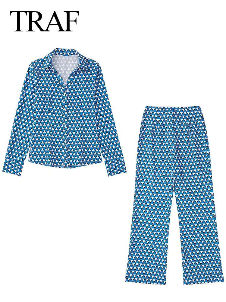 

TRAF Casual Daily Skin Friendly Women Clothing Set Blue Triangle Print Long Sleeve Single Breasted Shirt Flare Pants Sets