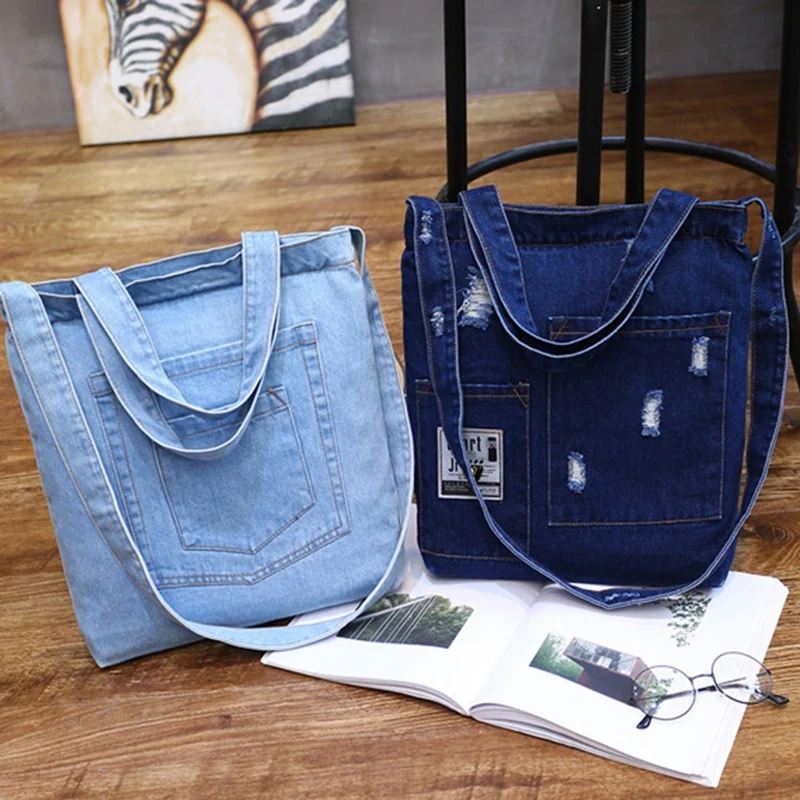 

Denim Women's Ripped Shoulder Bag Fashion High-Capacity Denim Shopping Bag Casual Handbag Student Bag