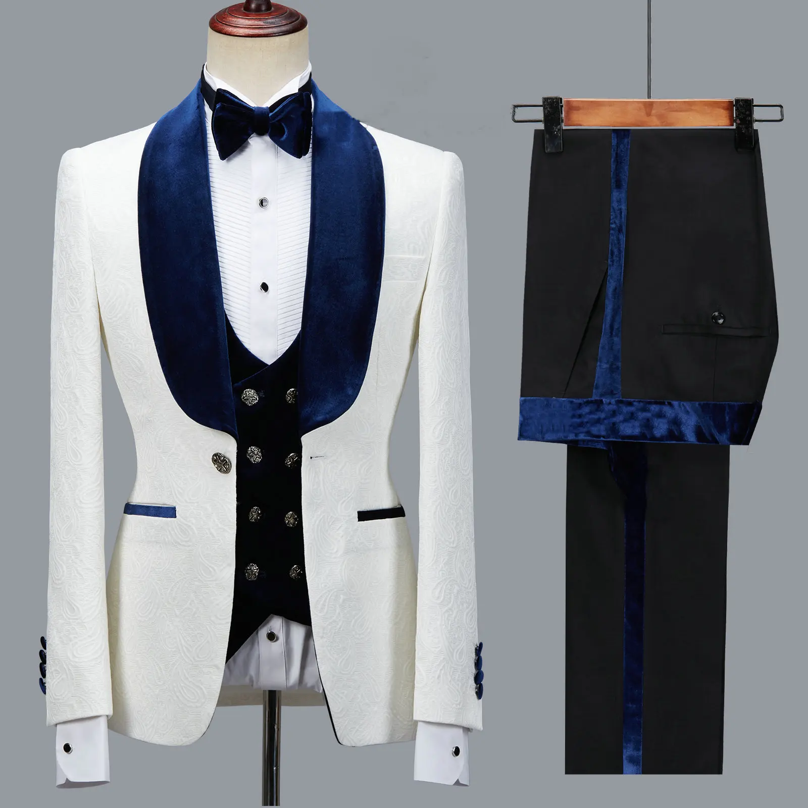 Navy Blue Velvet Men Suits Slim Fit Male Fashion Elegant Wedding Groom Tuxedos Codtume Homme Mariage 3PCS(Blazer+Pants+Vest)